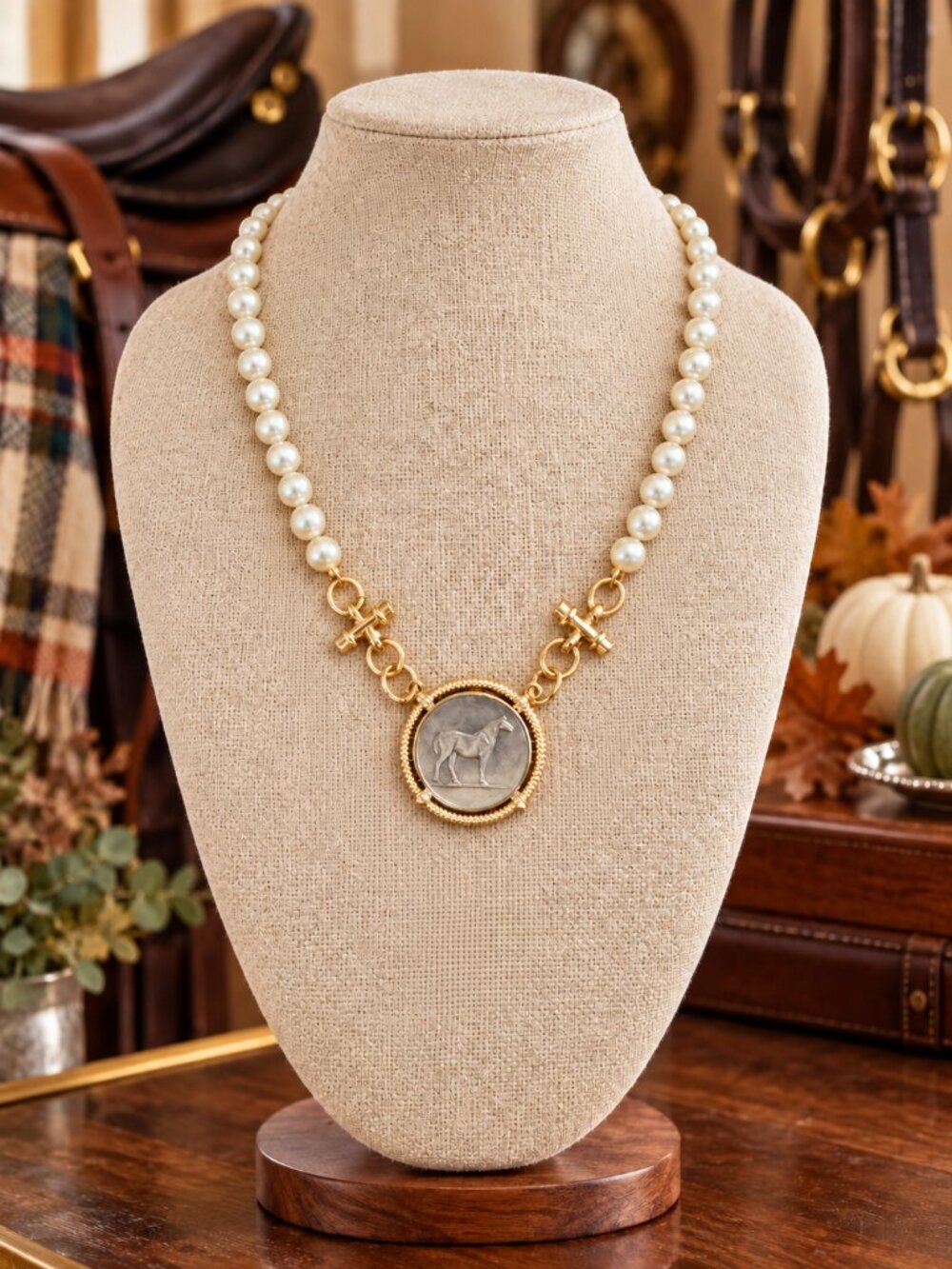 Pearl Horse Medallion Necklace, Two Tone Equestrian Jewelry, Gold Horse Coin Pen